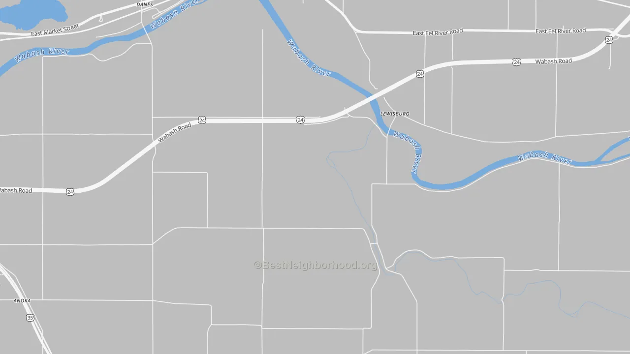 Walk Grade map of Lewisburg, IN, walkable areas in green and car-dependent areas in red