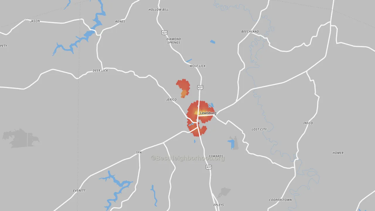 Walk Grade map of Lewisburg, KY, walkable areas in green and car-dependent areas in red