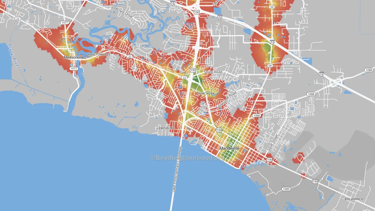Walk Grade map of Lewisburg, LA, walkable areas in green and car-dependent areas in red
