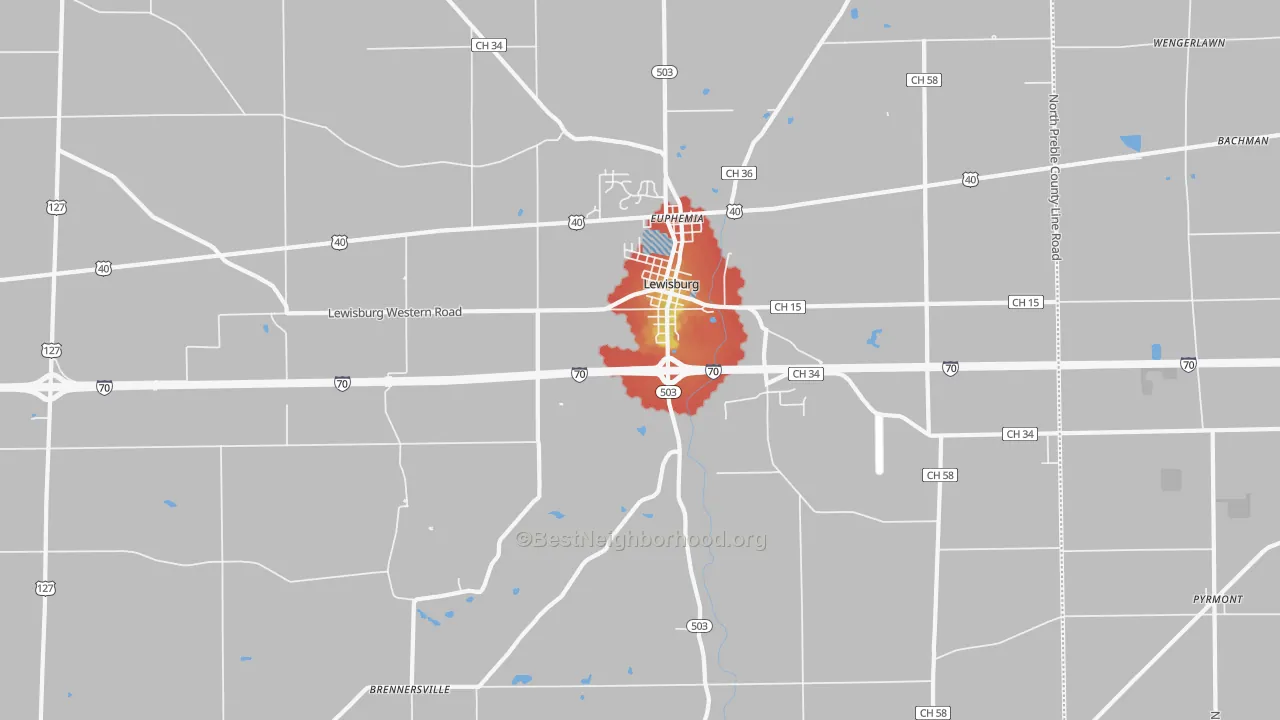 Walk Grade map of Lewisburg, OH, walkable areas in green and car-dependent areas in red