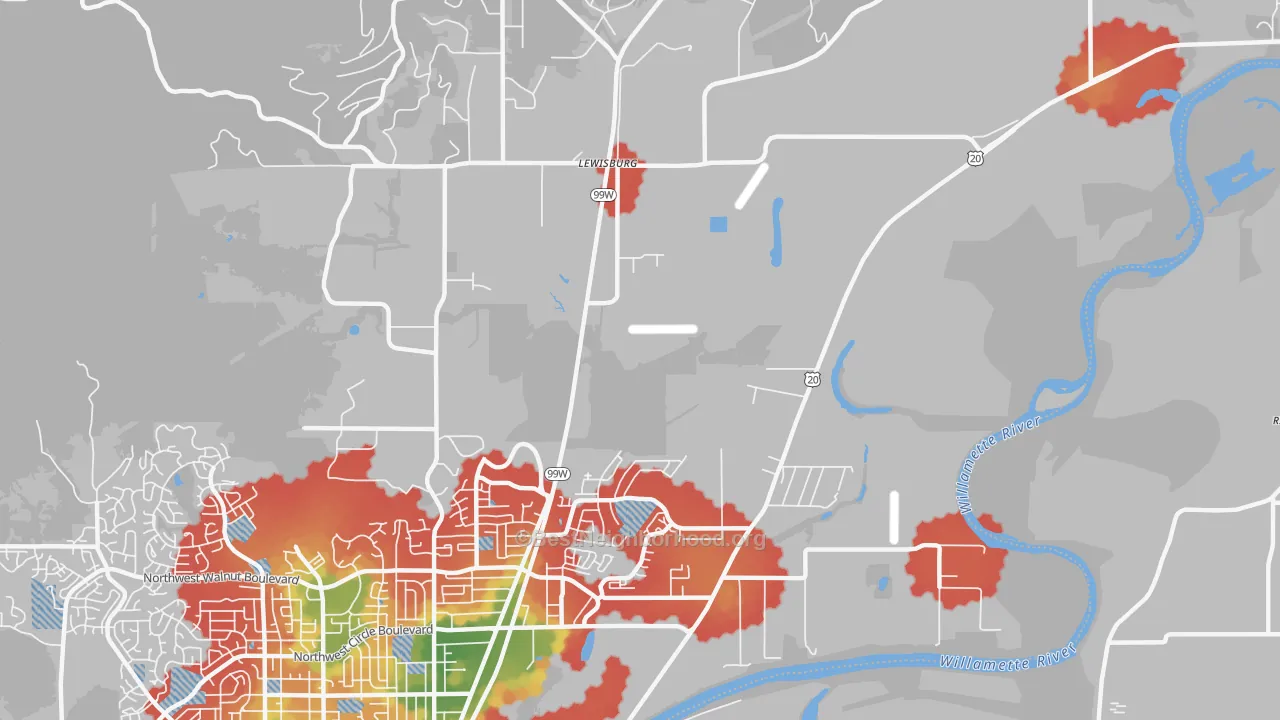Walk Grade map of Lewisburg, OR, walkable areas in green and car-dependent areas in red