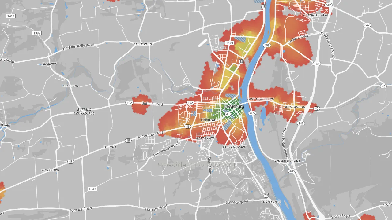 Walk Grade map of Lewisburg, PA, walkable areas in green and car-dependent areas in red