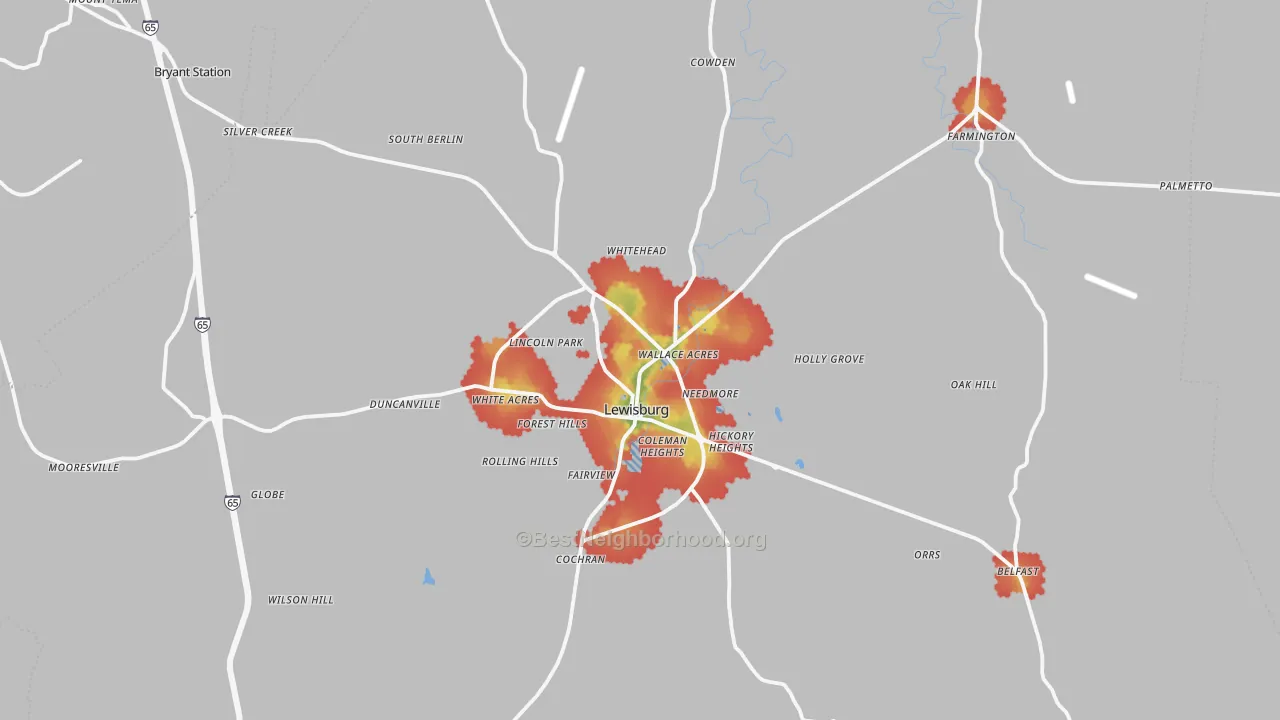 Walk Grade map of Lewisburg, TN, walkable areas in green and car-dependent areas in red