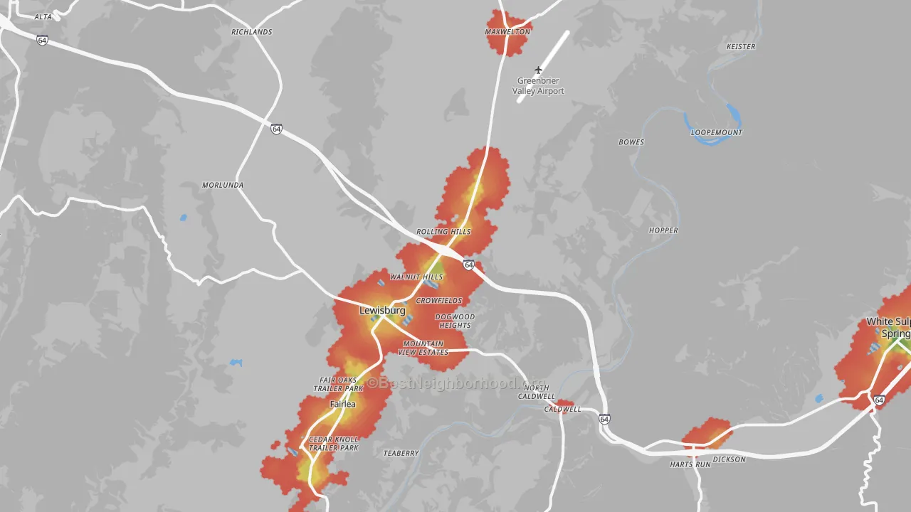 Walk Grade map of Lewisburg, WV, walkable areas in green and car-dependent areas in red
