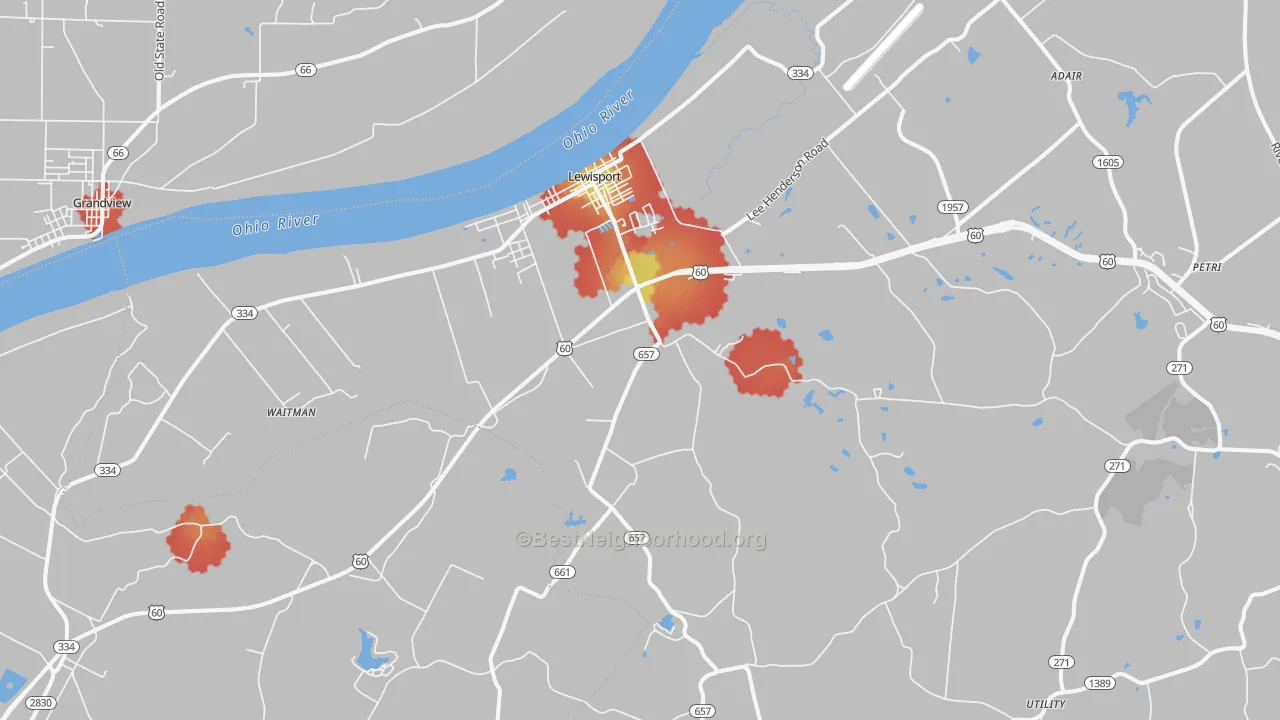 Walk Grade map of Lewisport, KY, walkable areas in green and car-dependent areas in red