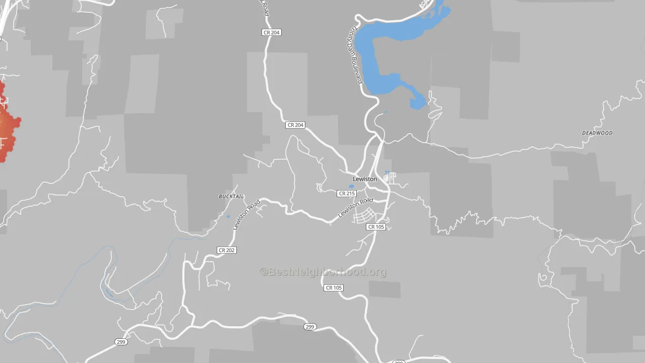 Walk Grade map of Lewiston, CA, walkable areas in green and car-dependent areas in red