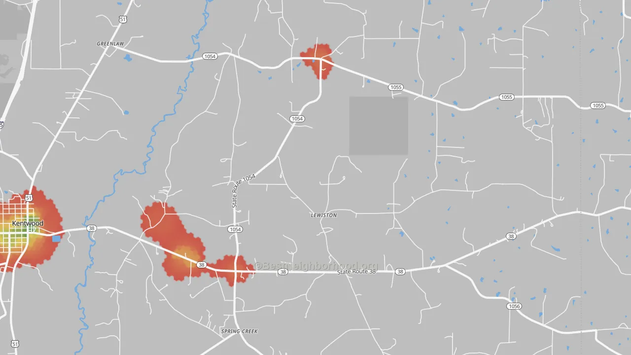 Walk Grade map of Lewiston, LA, walkable areas in green and car-dependent areas in red