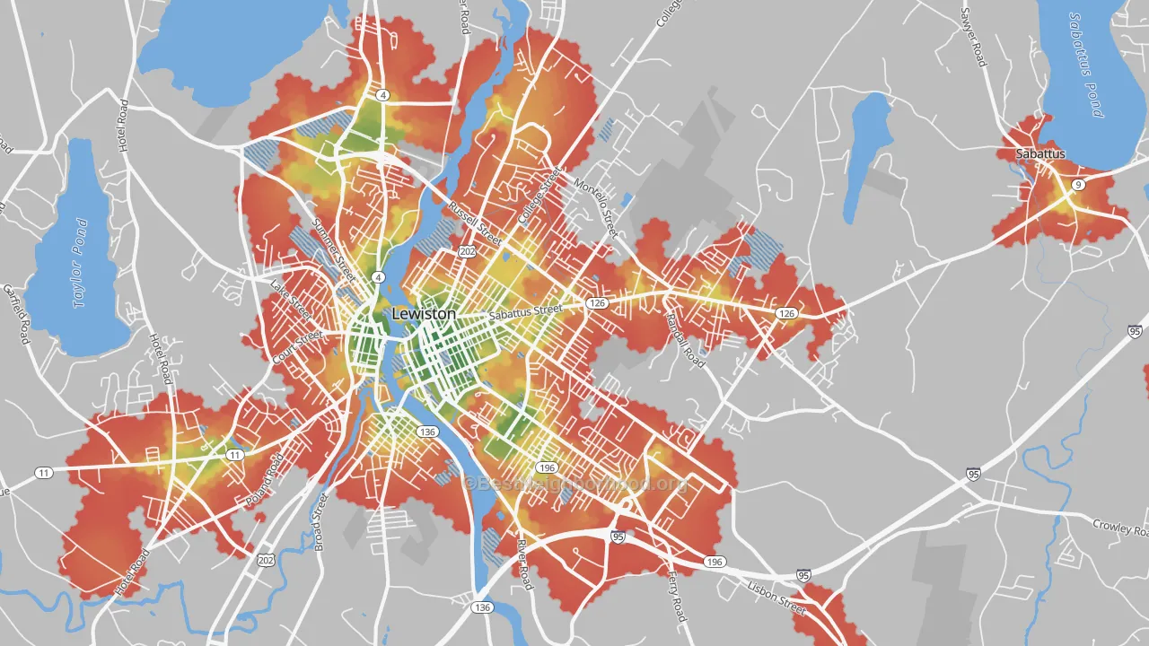 Walk Grade map of Lewiston, ME, walkable areas in green and car-dependent areas in red