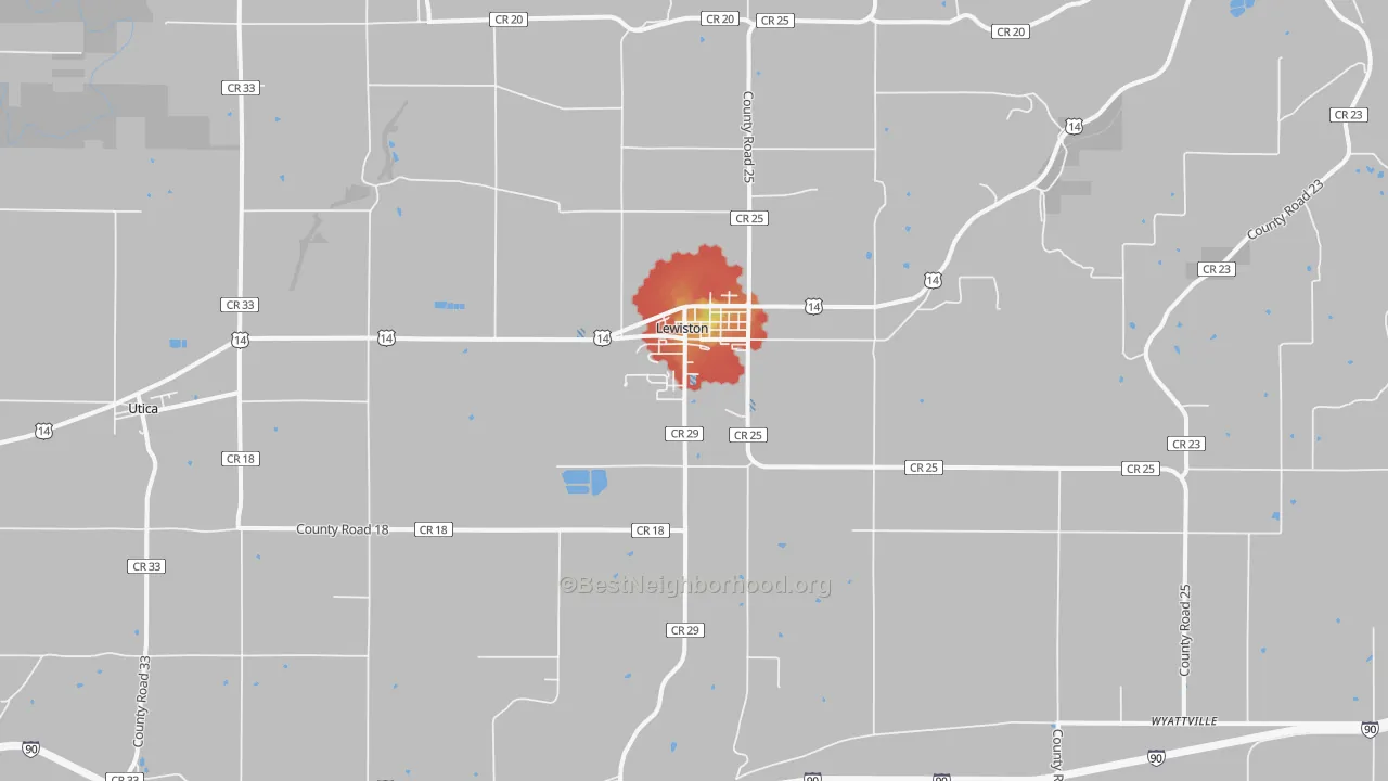 Walk Grade map of Lewiston, MN, walkable areas in green and car-dependent areas in red