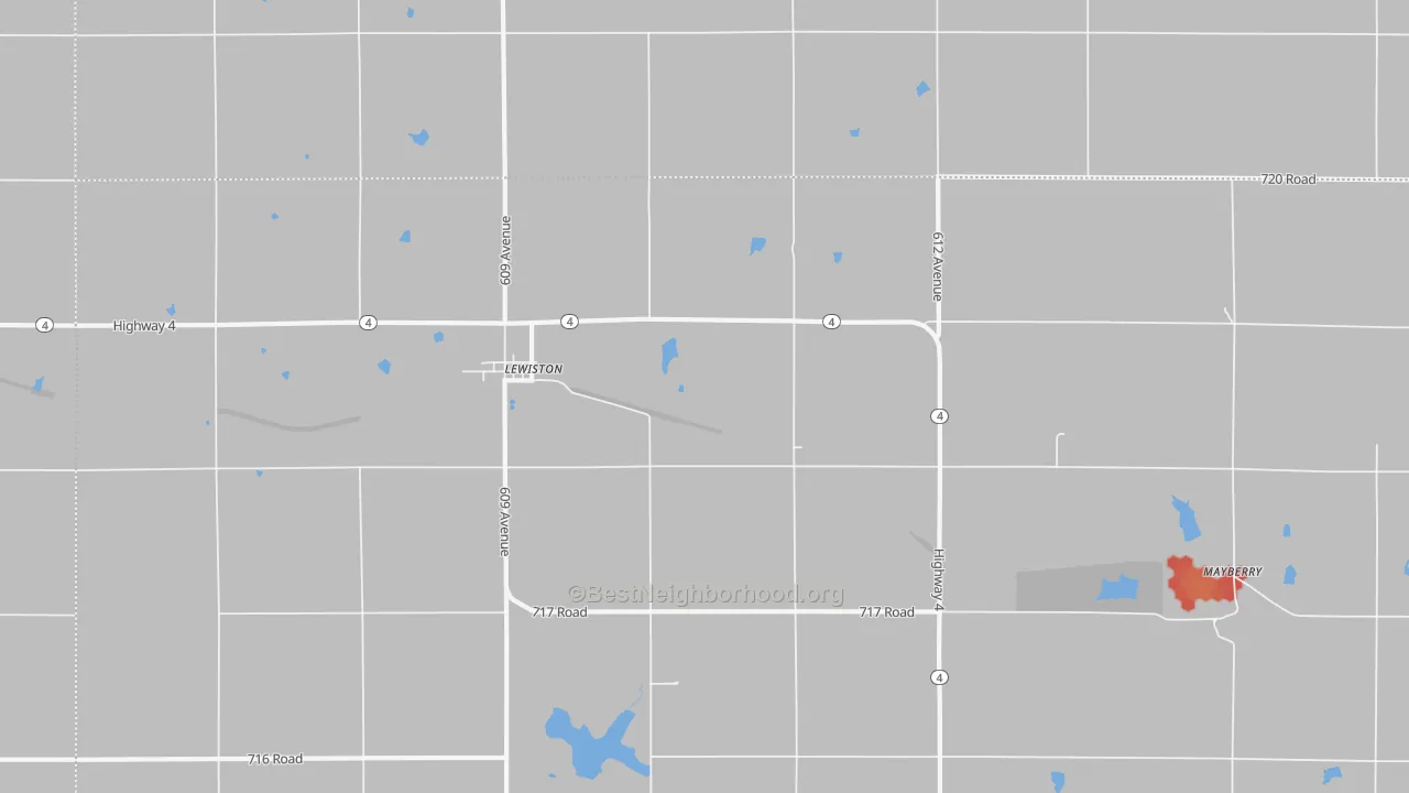 Walk Grade map of Lewiston, NE, walkable areas in green and car-dependent areas in red