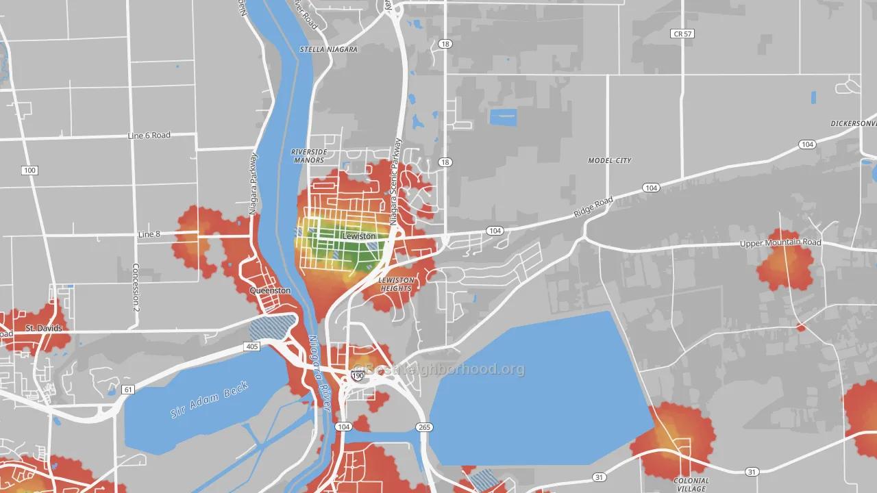 Walk Grade map of Lewiston, NY, walkable areas in green and car-dependent areas in red