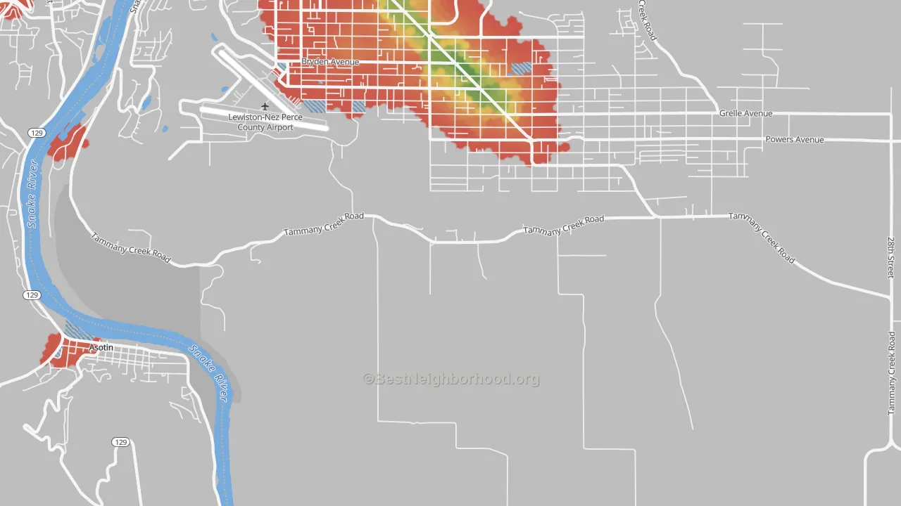 Walk Grade map of Lewiston Orchards, ID, walkable areas in green and car-dependent areas in red