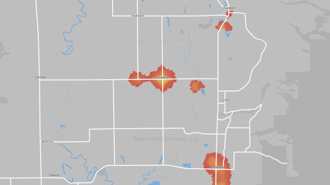 Walk Grade map of Lewiston, UT, walkable areas in green and car-dependent areas in red