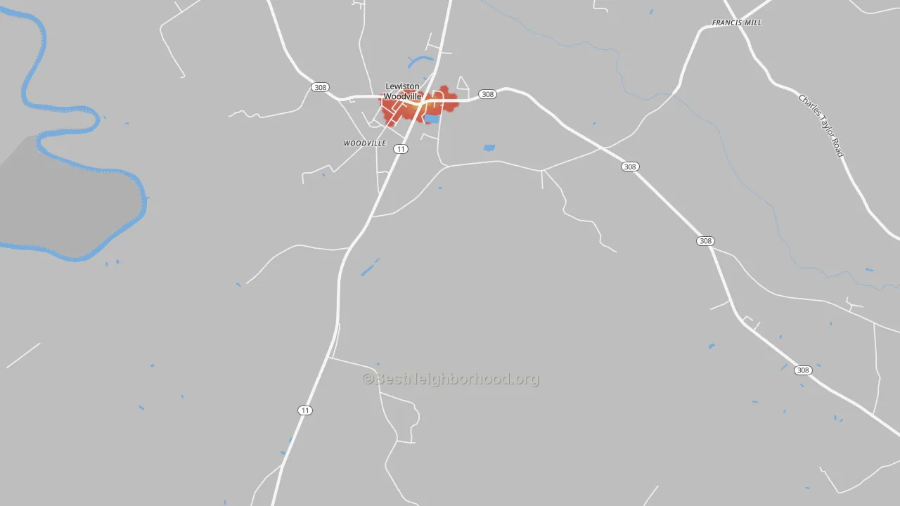 Walk Grade map of Lewiston Woodville, NC, walkable areas in green and car-dependent areas in red