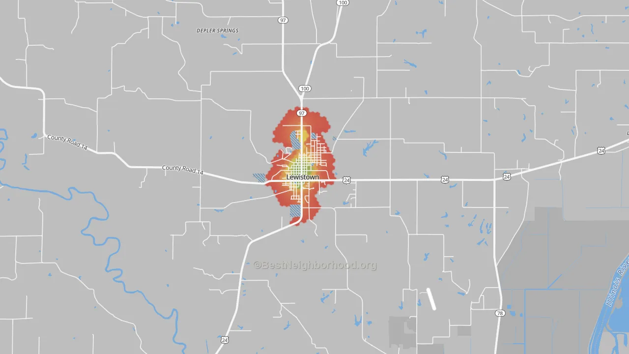 Walk Grade map of Lewistown, IL, walkable areas in green and car-dependent areas in red