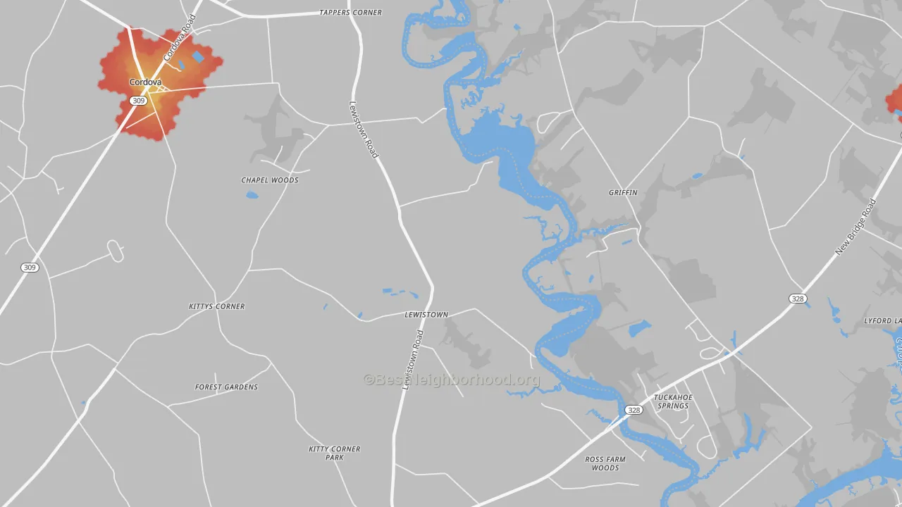 Walk Grade map of Lewistown, MD, walkable areas in green and car-dependent areas in red