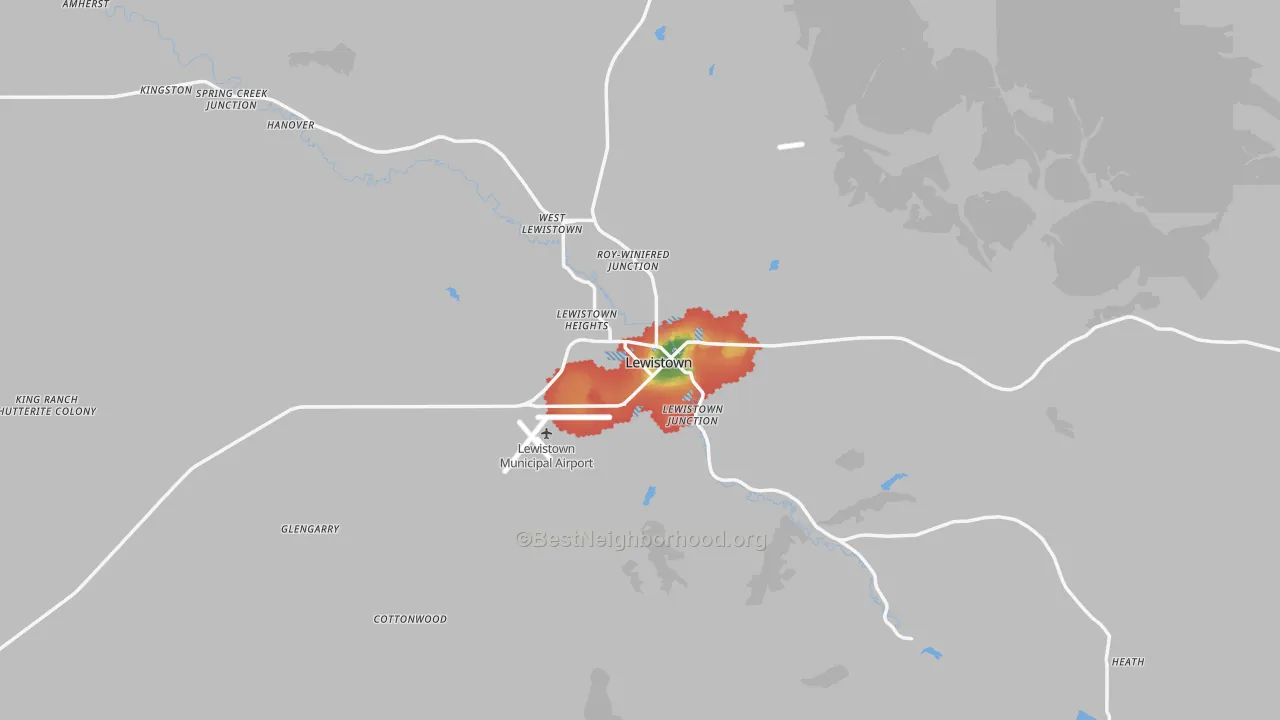 Walk Grade map of Lewistown, MT, walkable areas in green and car-dependent areas in red