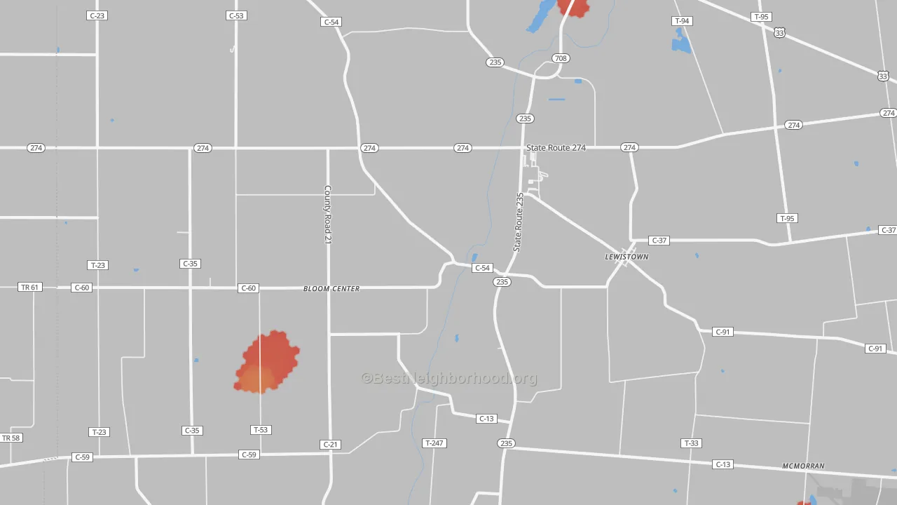 Walk Grade map of Lewistown, OH, walkable areas in green and car-dependent areas in red
