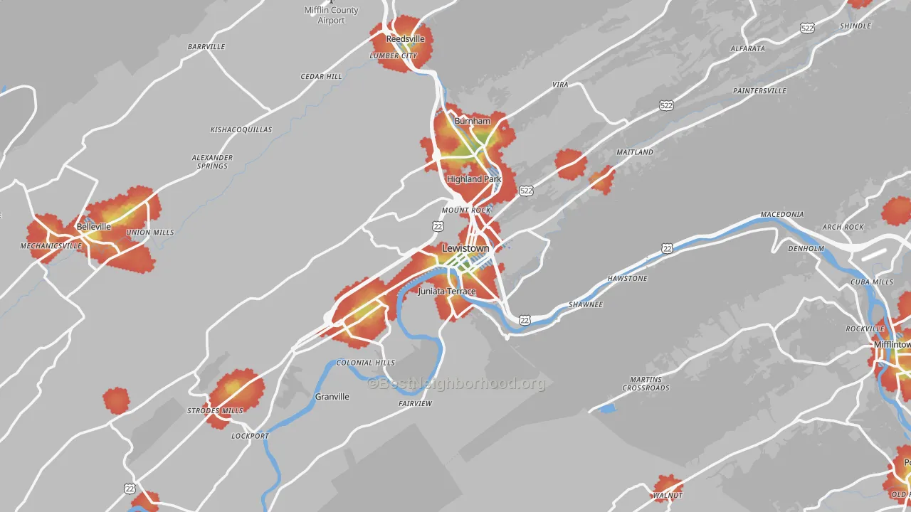 Walk Grade map of Lewistown, PA, walkable areas in green and car-dependent areas in red
