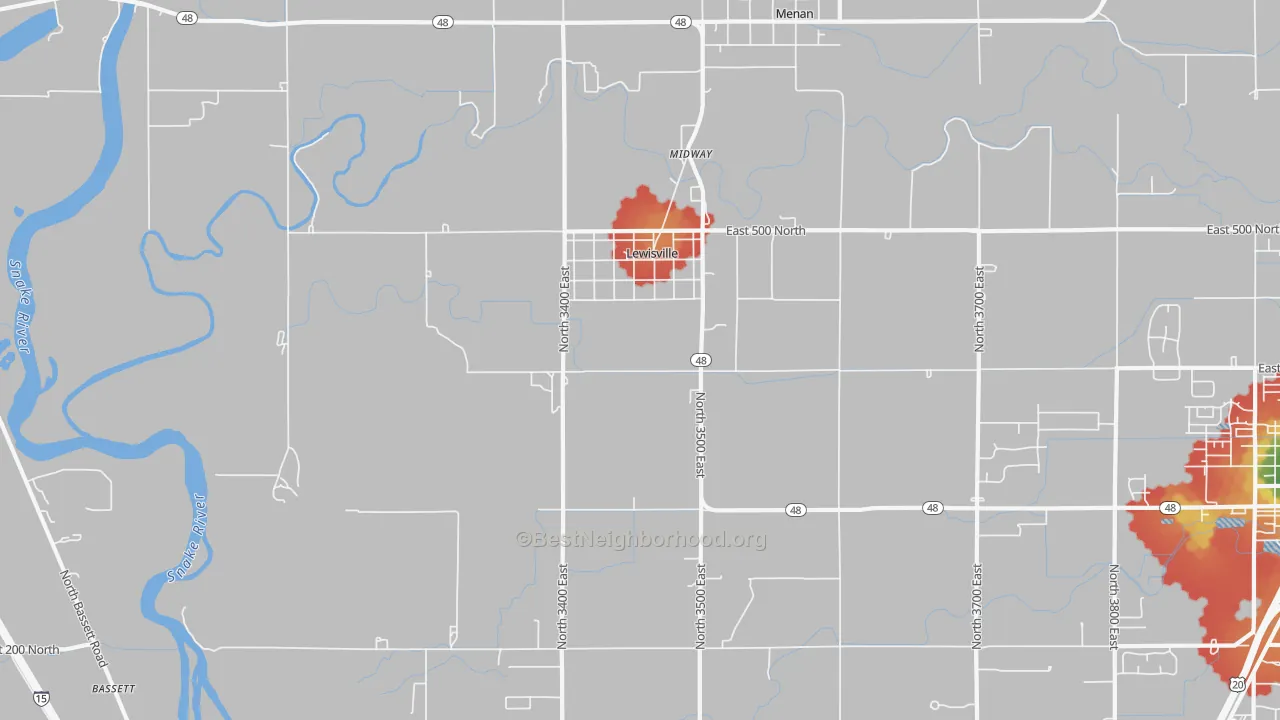 Walk Grade map of Lewisville, ID, walkable areas in green and car-dependent areas in red