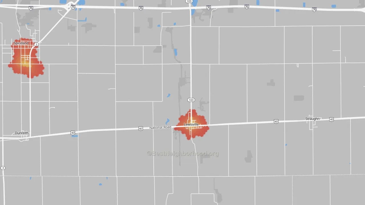 Walk Grade map of Lewisville, IN, walkable areas in green and car-dependent areas in red