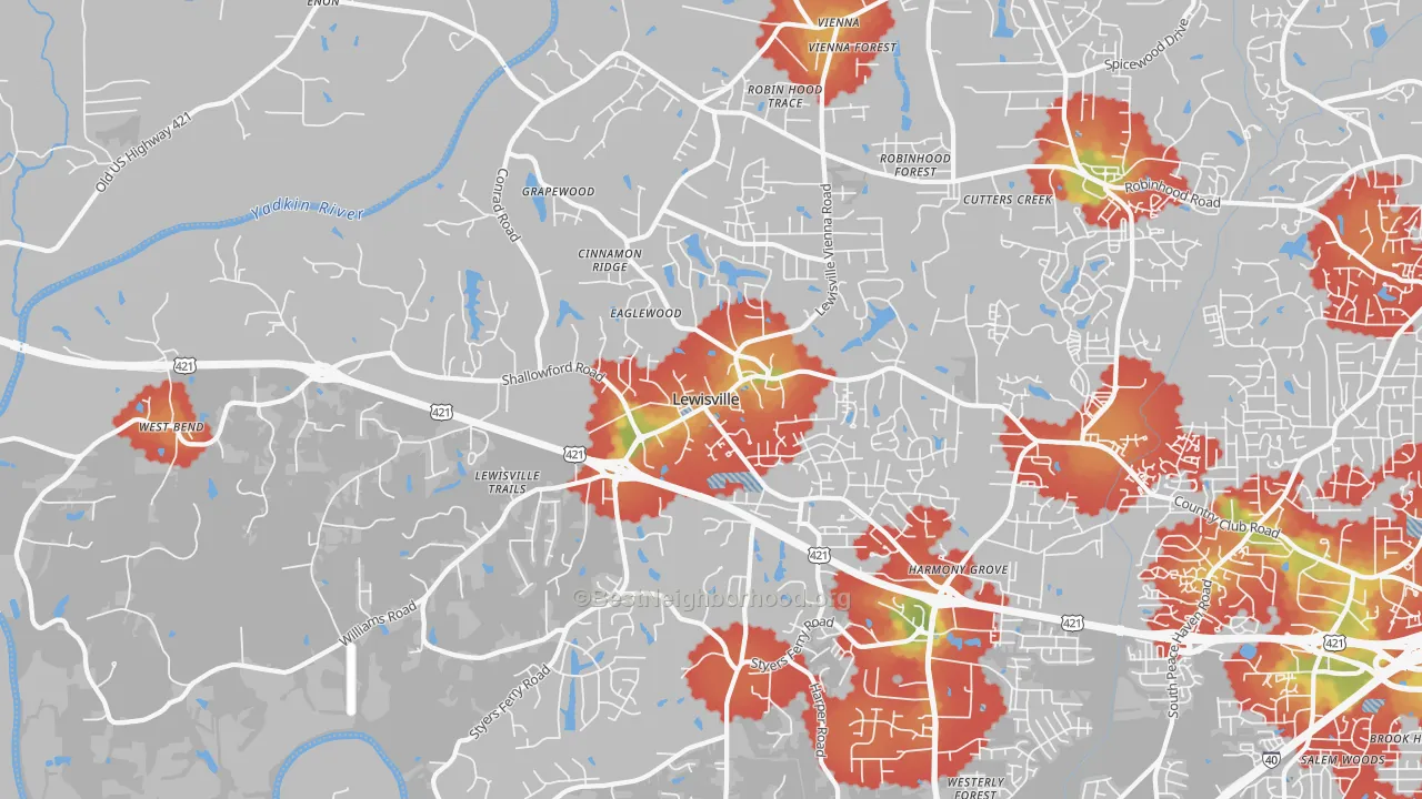 Walk Grade map of Lewisville, NC, walkable areas in green and car-dependent areas in red