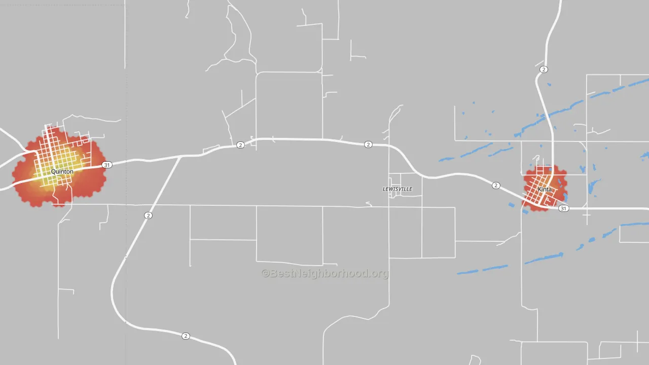Walk Grade map of Lewisville, OK, walkable areas in green and car-dependent areas in red