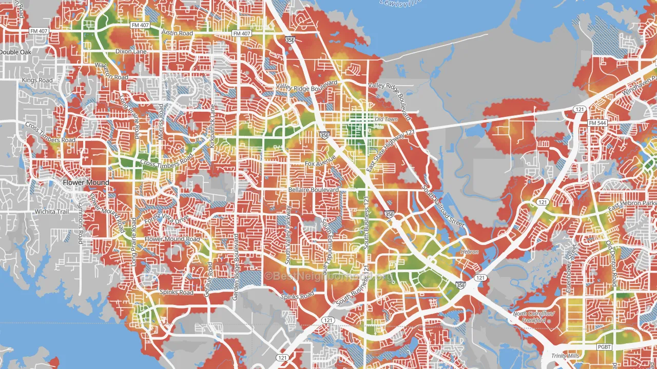 Walk Grade map of Lewisville, TX, walkable areas in green and car-dependent areas in red