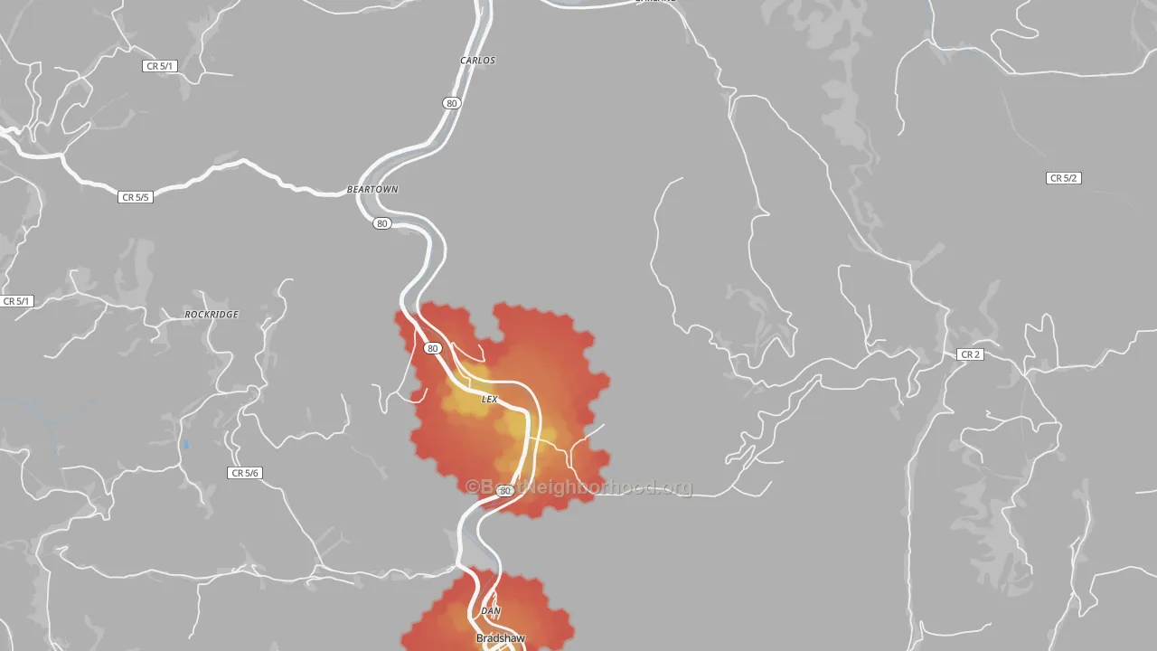 Walk Grade map of Lex, WV, walkable areas in green and car-dependent areas in red