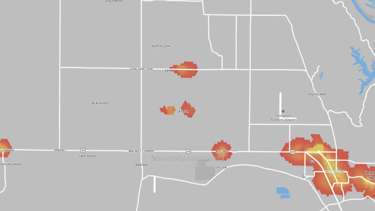 Walk Grade map of Lexa, AR, walkable areas in green and car-dependent areas in red