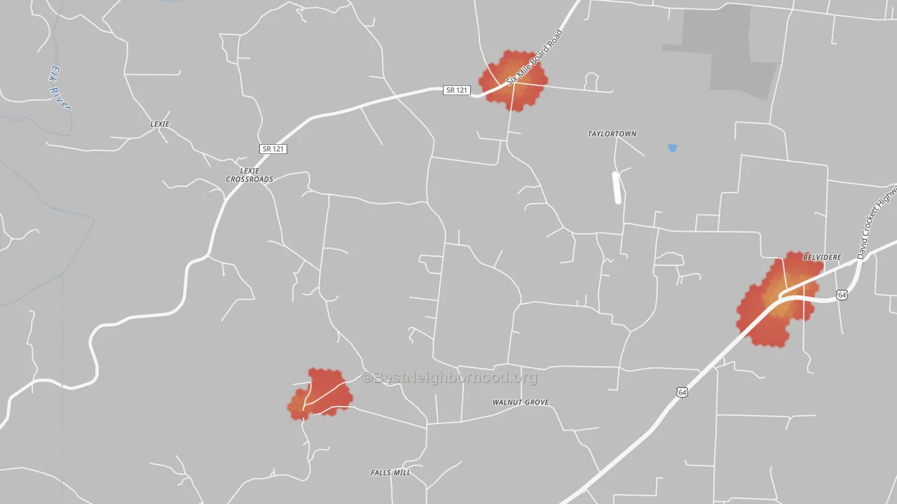 Walk Grade map of Lexie Crossroads, TN, walkable areas in green and car-dependent areas in red
