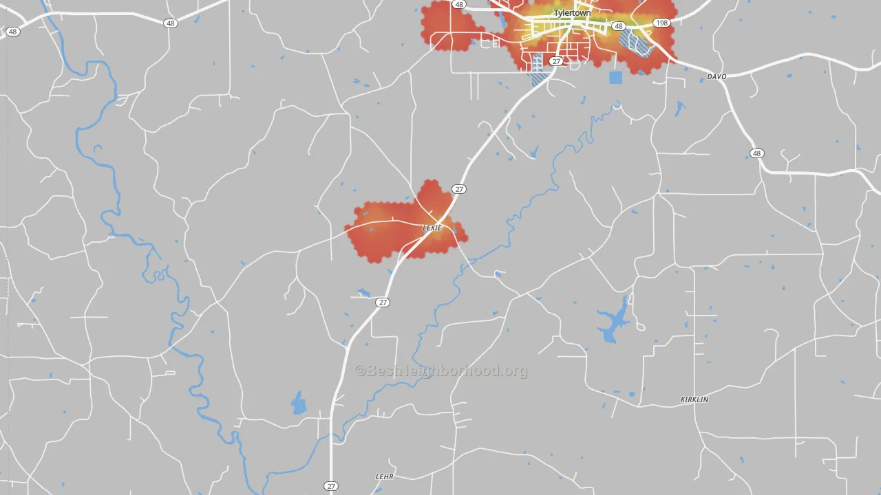 Walk Grade map of Lexie, MS, walkable areas in green and car-dependent areas in red