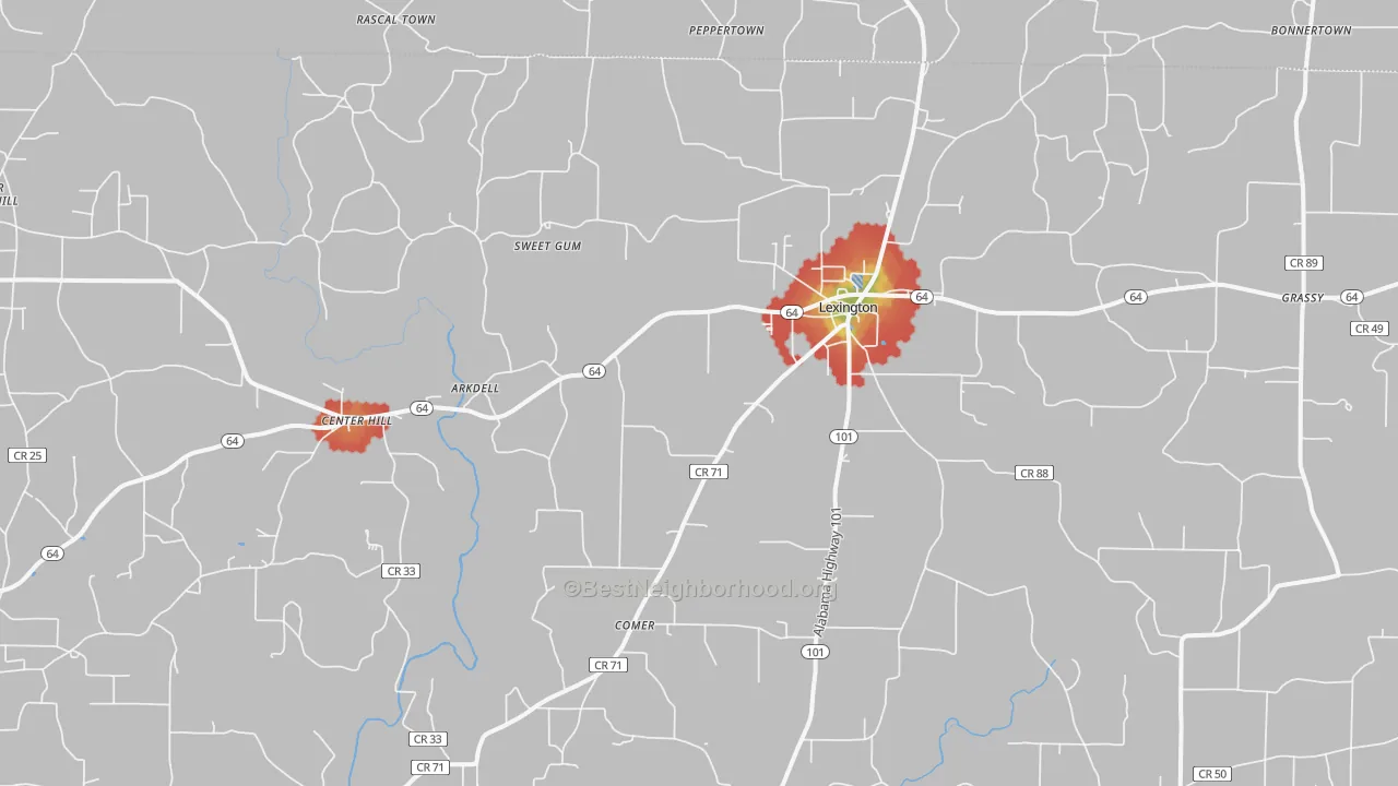 Walk Grade map of Lexington, AL, walkable areas in green and car-dependent areas in red