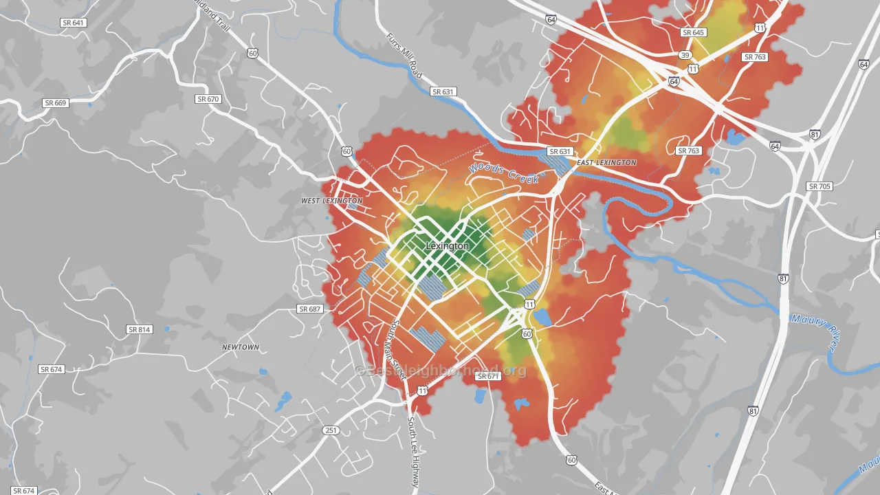 Walk Grade map of Lexington City, VA, walkable areas in green and car-dependent areas in red
