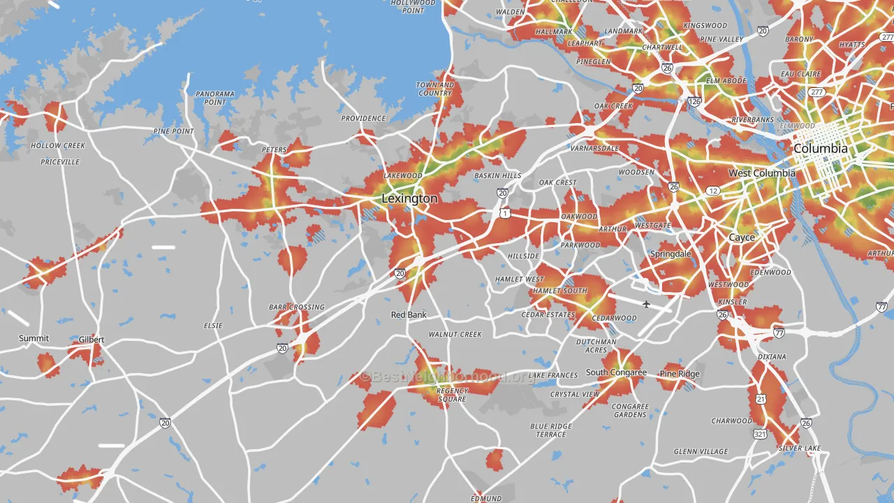 Walk Grade map of Lexington County, SC, walkable areas in green and car-dependent areas in red