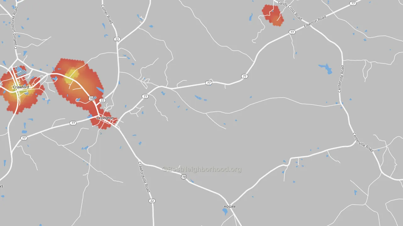 Walk Grade map of Lexington, GA, walkable areas in green and car-dependent areas in red