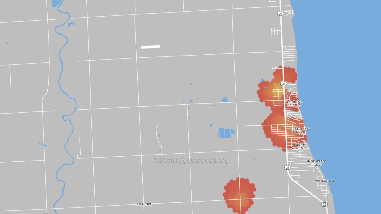 Walk Grade map of Lexington Heights, MI, walkable areas in green and car-dependent areas in red