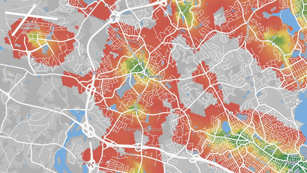 Walk Grade map of Lexington, MA, walkable areas in green and car-dependent areas in red