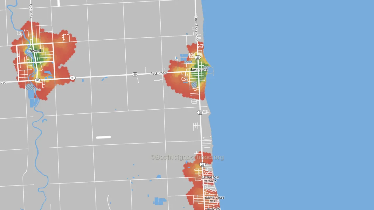 Walk Grade map of Lexington, MI, walkable areas in green and car-dependent areas in red