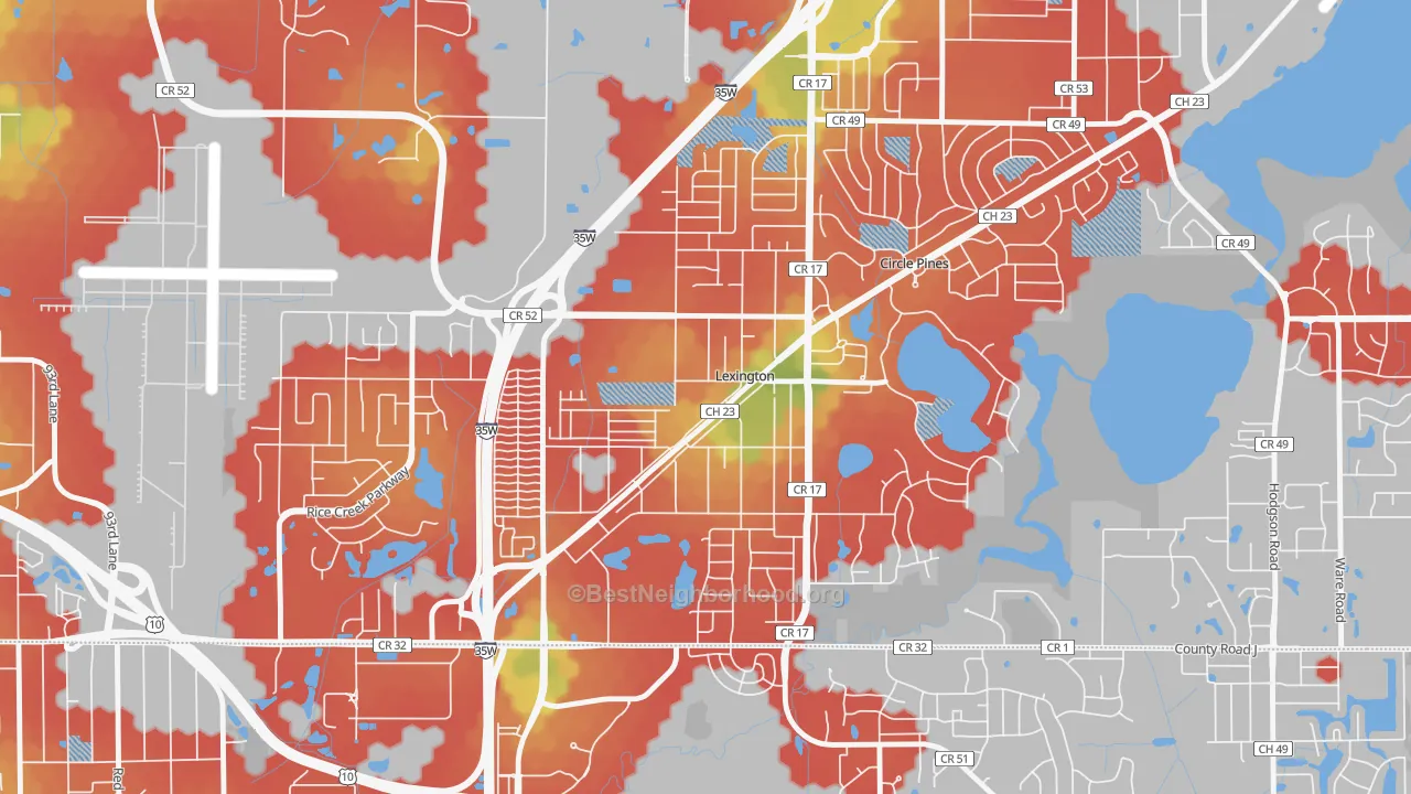Walk Grade map of Lexington, MN, walkable areas in green and car-dependent areas in red
