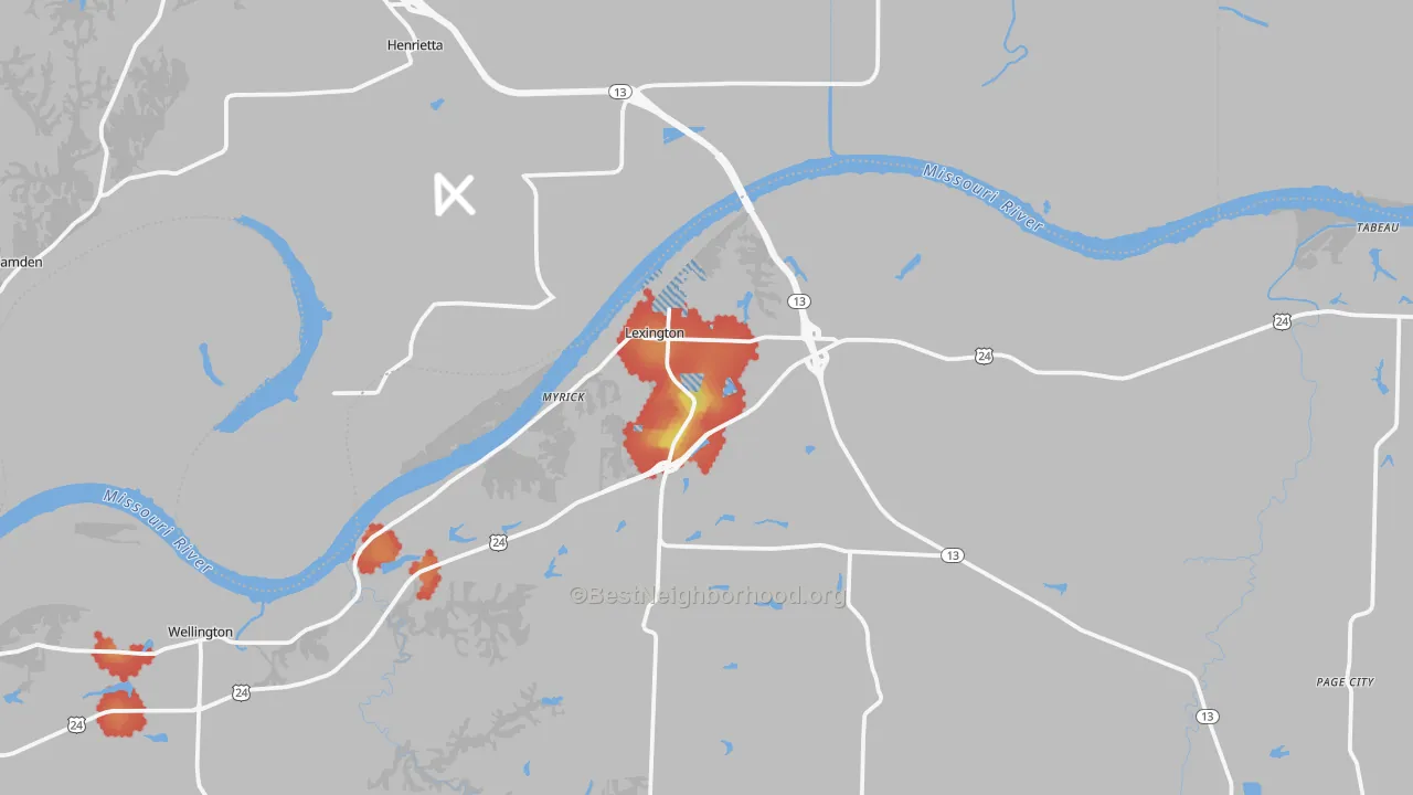 Walk Grade map of Lexington, MO, walkable areas in green and car-dependent areas in red