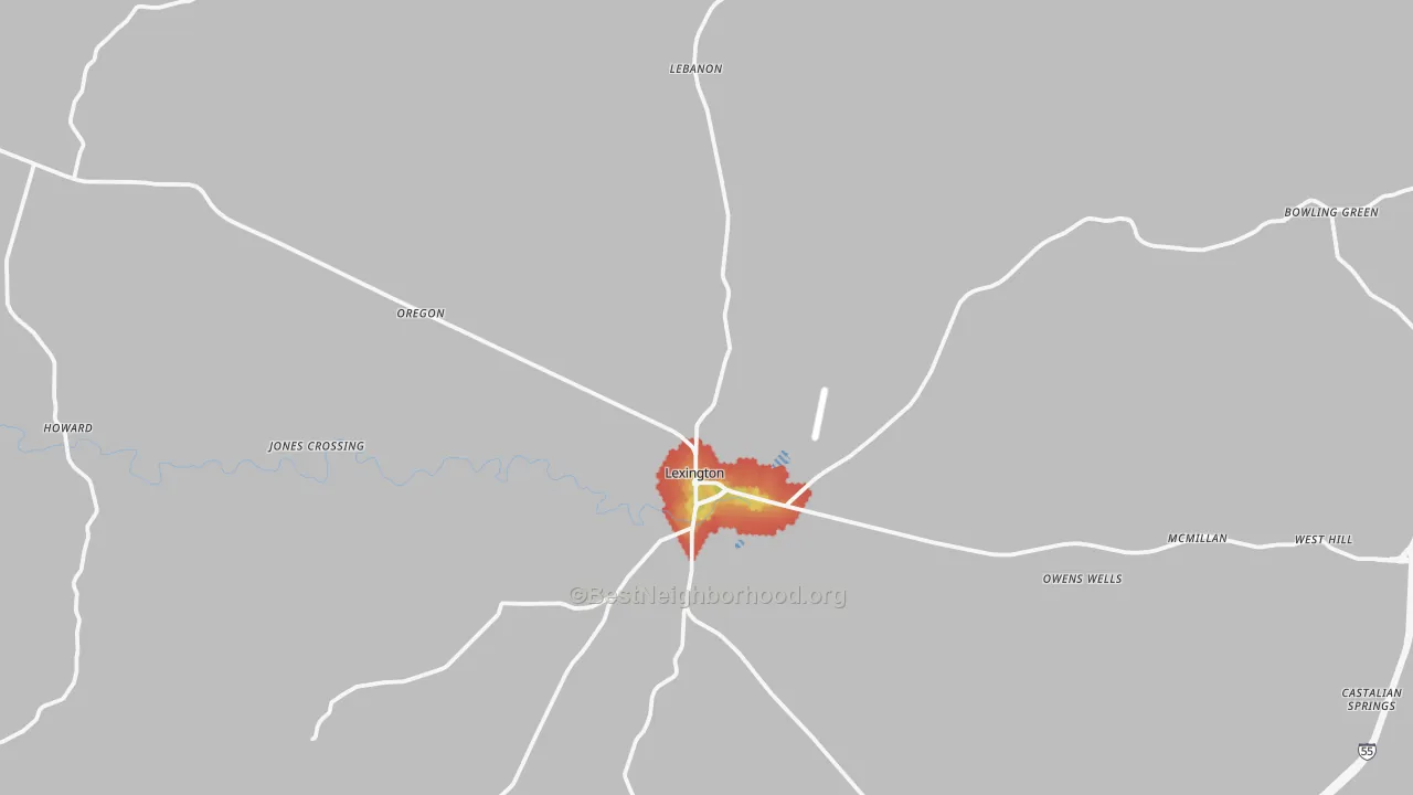 Walk Grade map of Lexington, MS, walkable areas in green and car-dependent areas in red