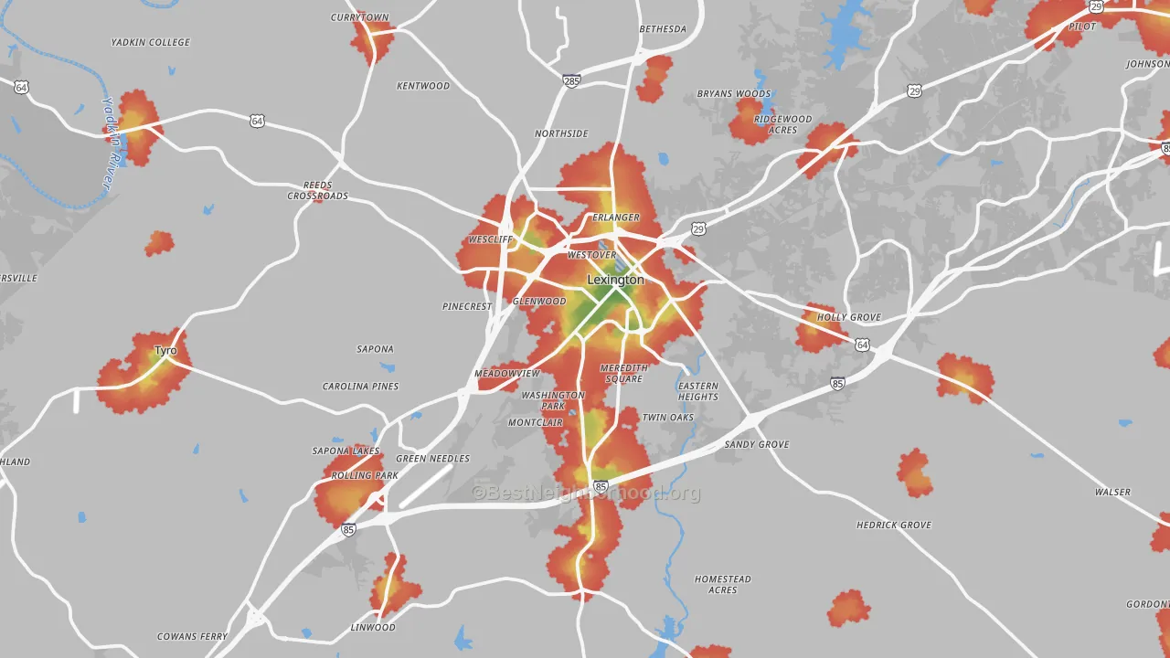 Walk Grade map of Lexington, NC, walkable areas in green and car-dependent areas in red