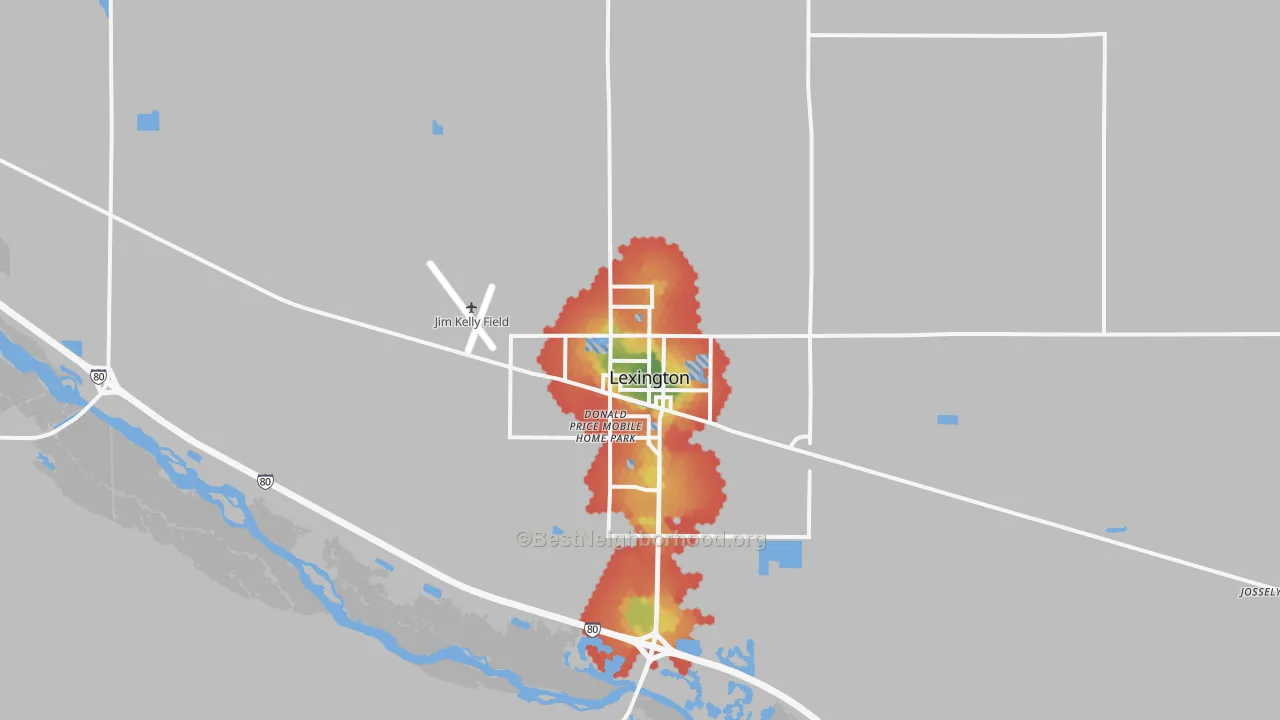 Walk Grade map of Lexington, NE, walkable areas in green and car-dependent areas in red