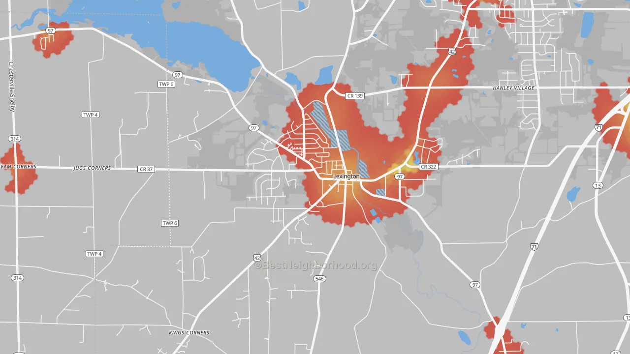 Walk Grade map of Lexington, OH, walkable areas in green and car-dependent areas in red