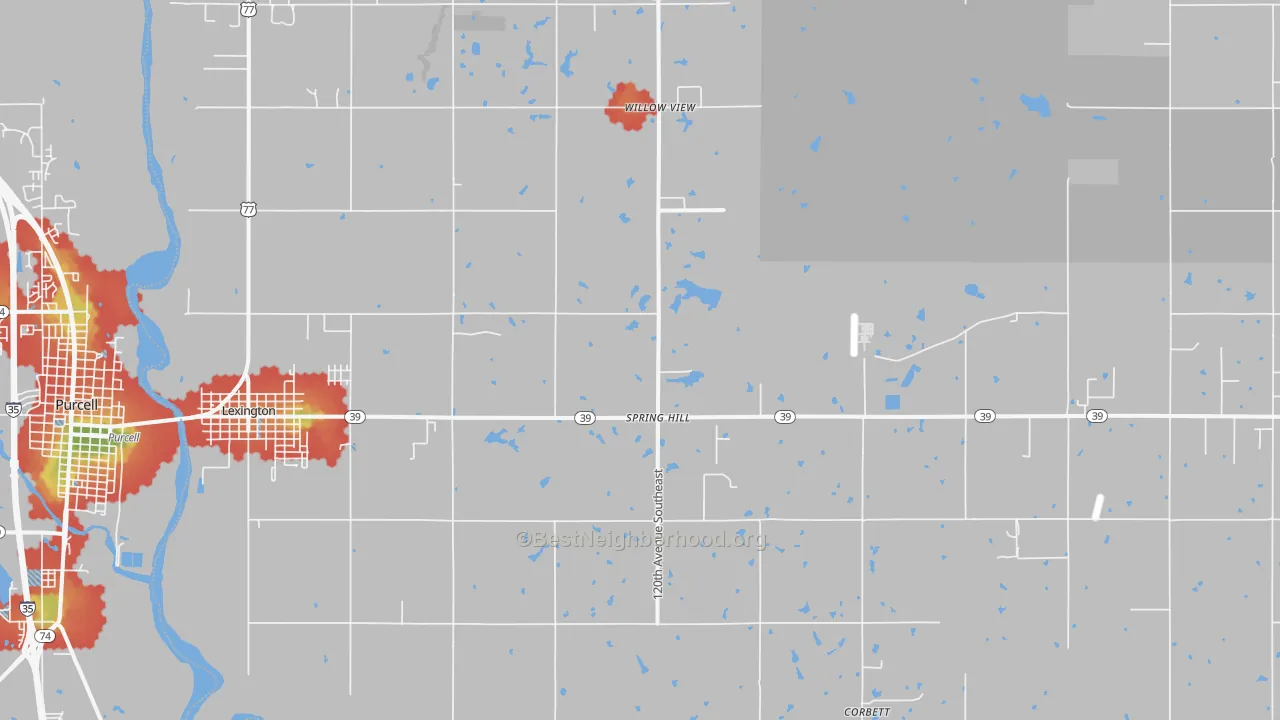 Walk Grade map of Lexington, OK, walkable areas in green and car-dependent areas in red