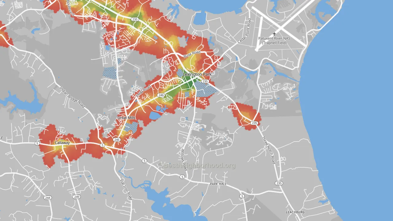 Walk Grade map of Lexington Park, MD, walkable areas in green and car-dependent areas in red