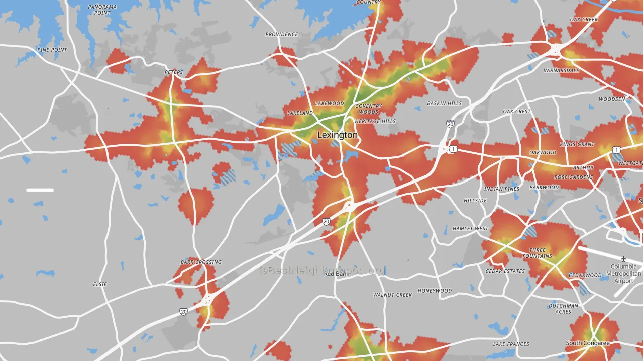 Walk Grade map of Lexington, SC, walkable areas in green and car-dependent areas in red