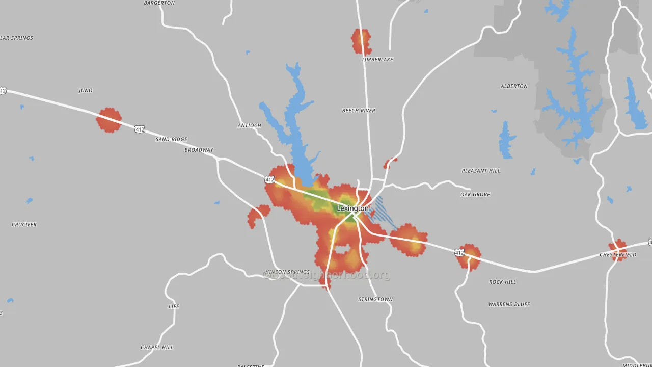 Walk Grade map of Lexington, TN, walkable areas in green and car-dependent areas in red