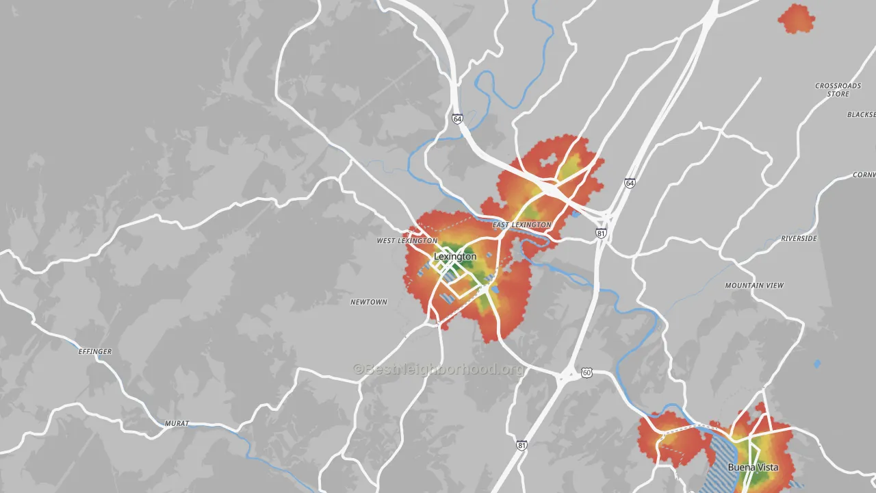 Walk Grade map of Lexington, VA, walkable areas in green and car-dependent areas in red